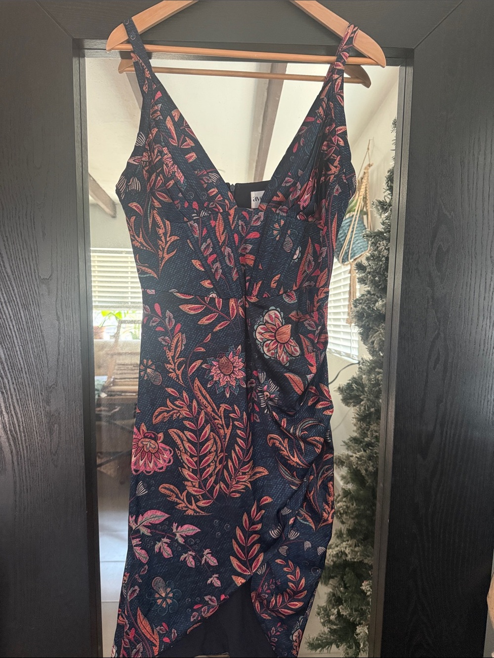 Averie Floral Wrap Midi Dress in Navy and Pink